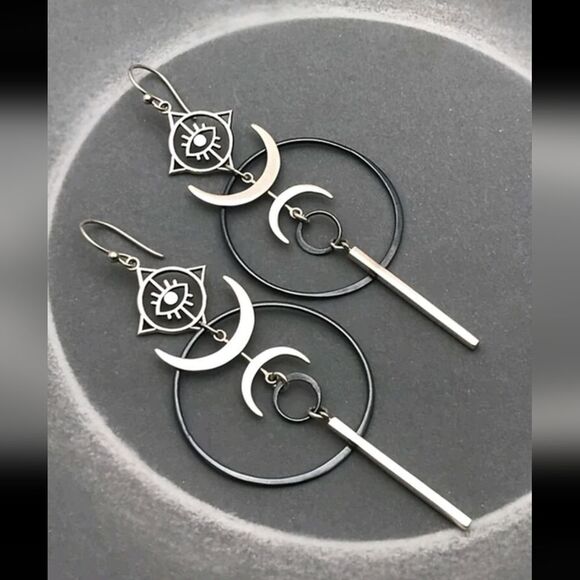 Celtic Moon & Eye Geo Drop Earrings - Picture 1 of 4